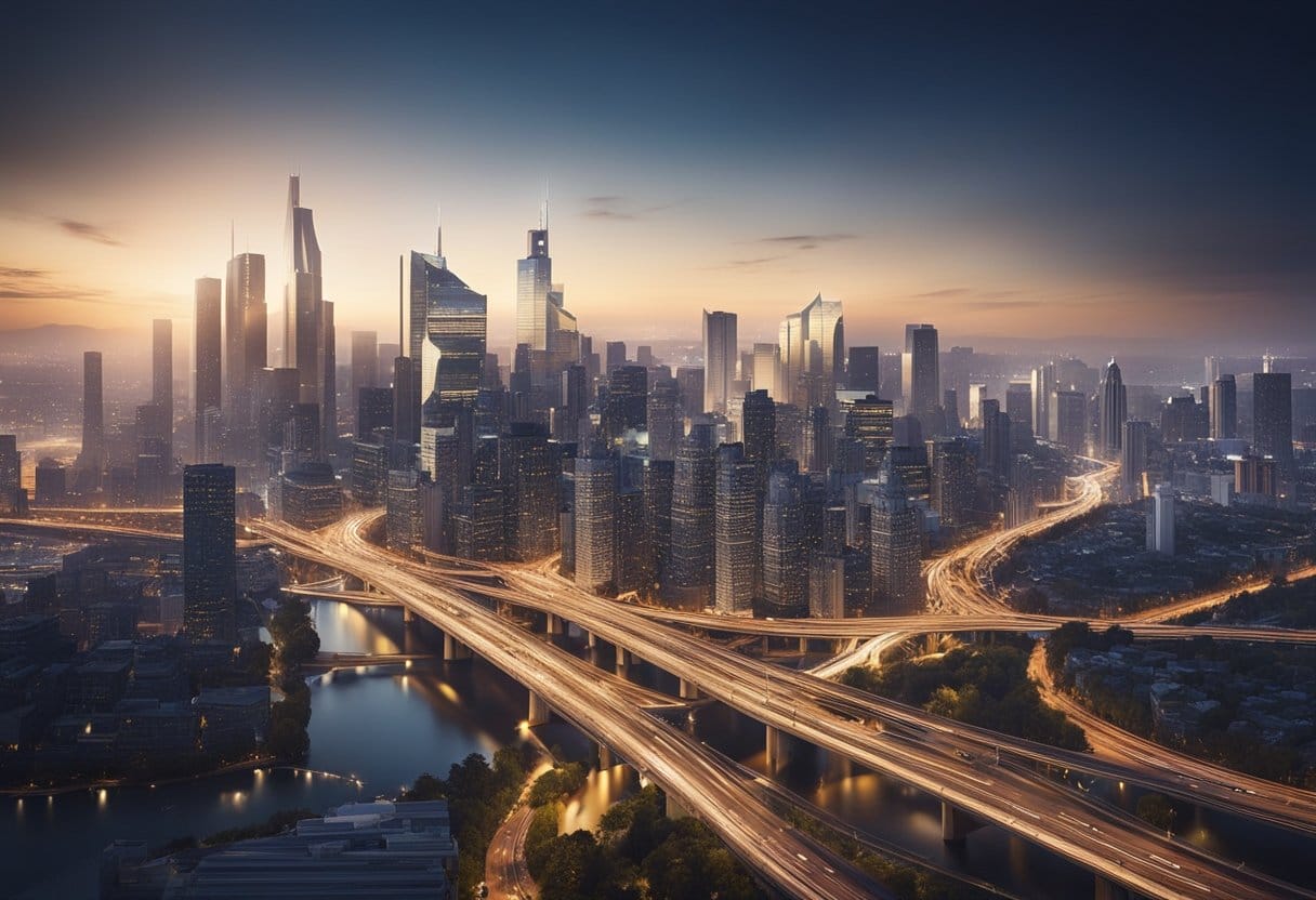 A bustling city with interconnected networks of roads, bridges, and buildings. Advanced technology and data systems seamlessly manage utilities and transportation