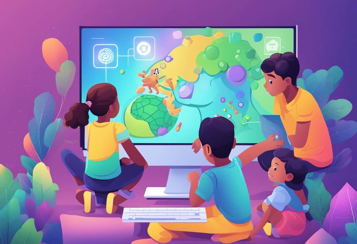 A group of kids gather around a computer screen, eagerly learning about advanced AI topics through interactive games and colorful illustrations