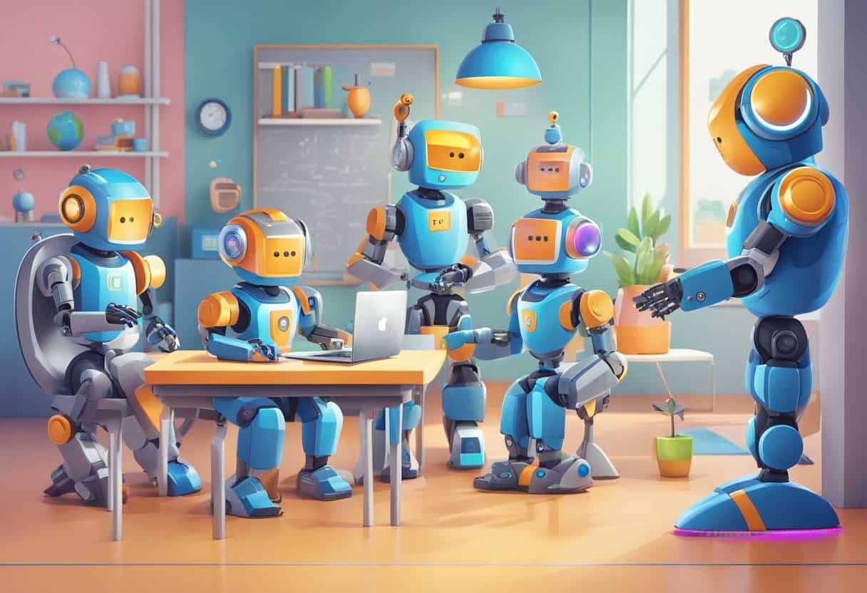 Colorful robots teaching children coding and problem-solving, surrounded by futuristic technology and interactive displays