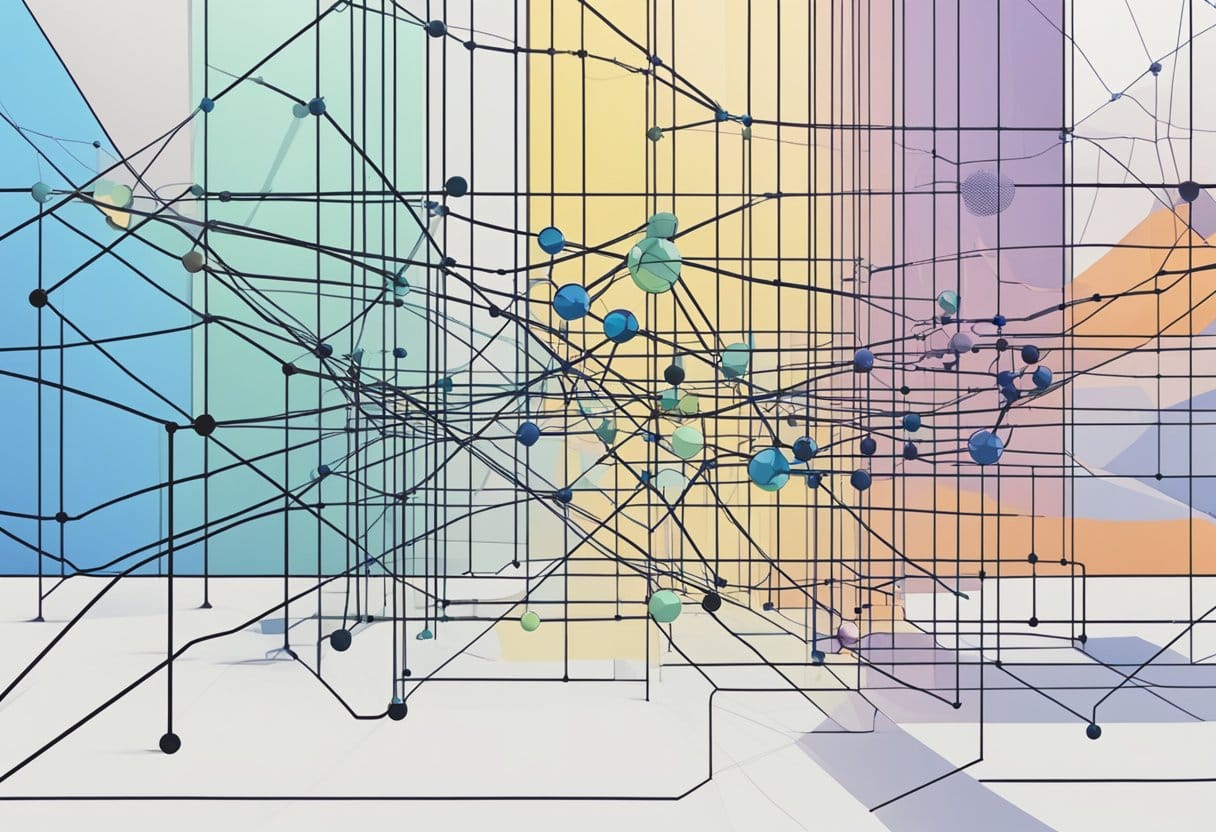 Various AI models interconnected with lines and nodes, processing data and making predictions