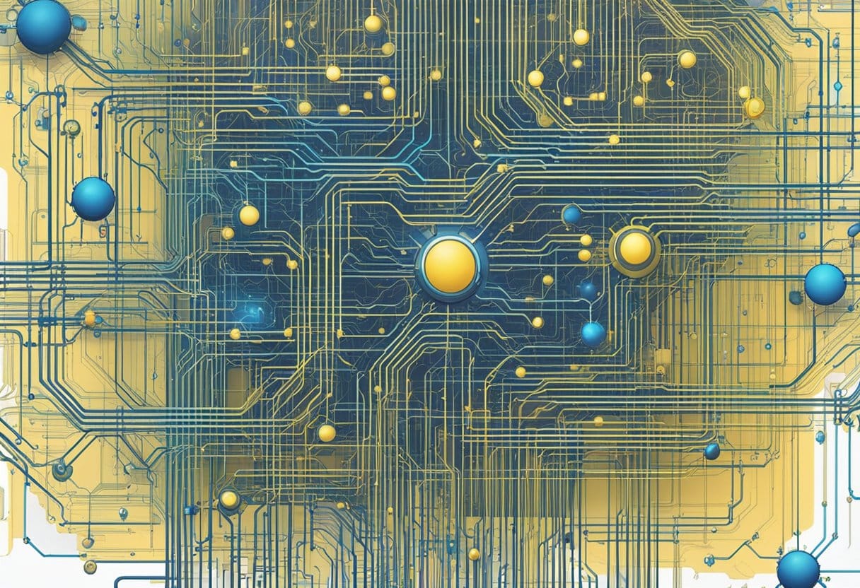 An array of interconnected circuits and nodes, pulsating with data and energy, representing the complex web of artificial intelligence models