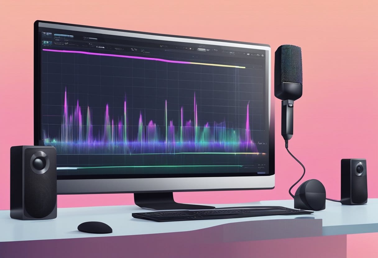 A computer screen displays a waveform pattern with a voice waveform overlay. A microphone and speaker are connected to the computer