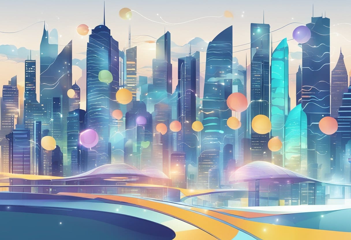 A futuristic city skyline with AI-powered speech bubbles and digital voice waves, representing the future of TTS technology