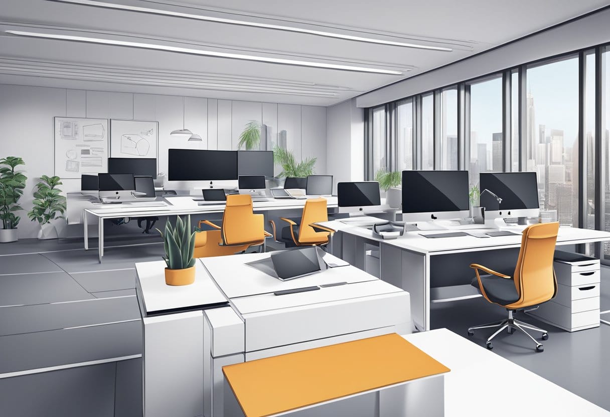 A modern office setting with AI technology and fashion elements integrated into the workspace design, showcasing efficiency and innovation