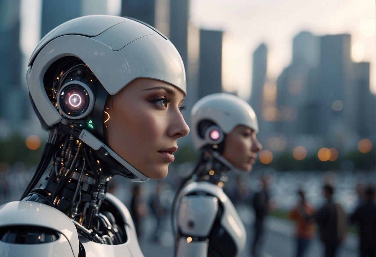 AI surpasses humans, depicted by a futuristic cityscape with advanced robots and intelligent machines dominating the landscape